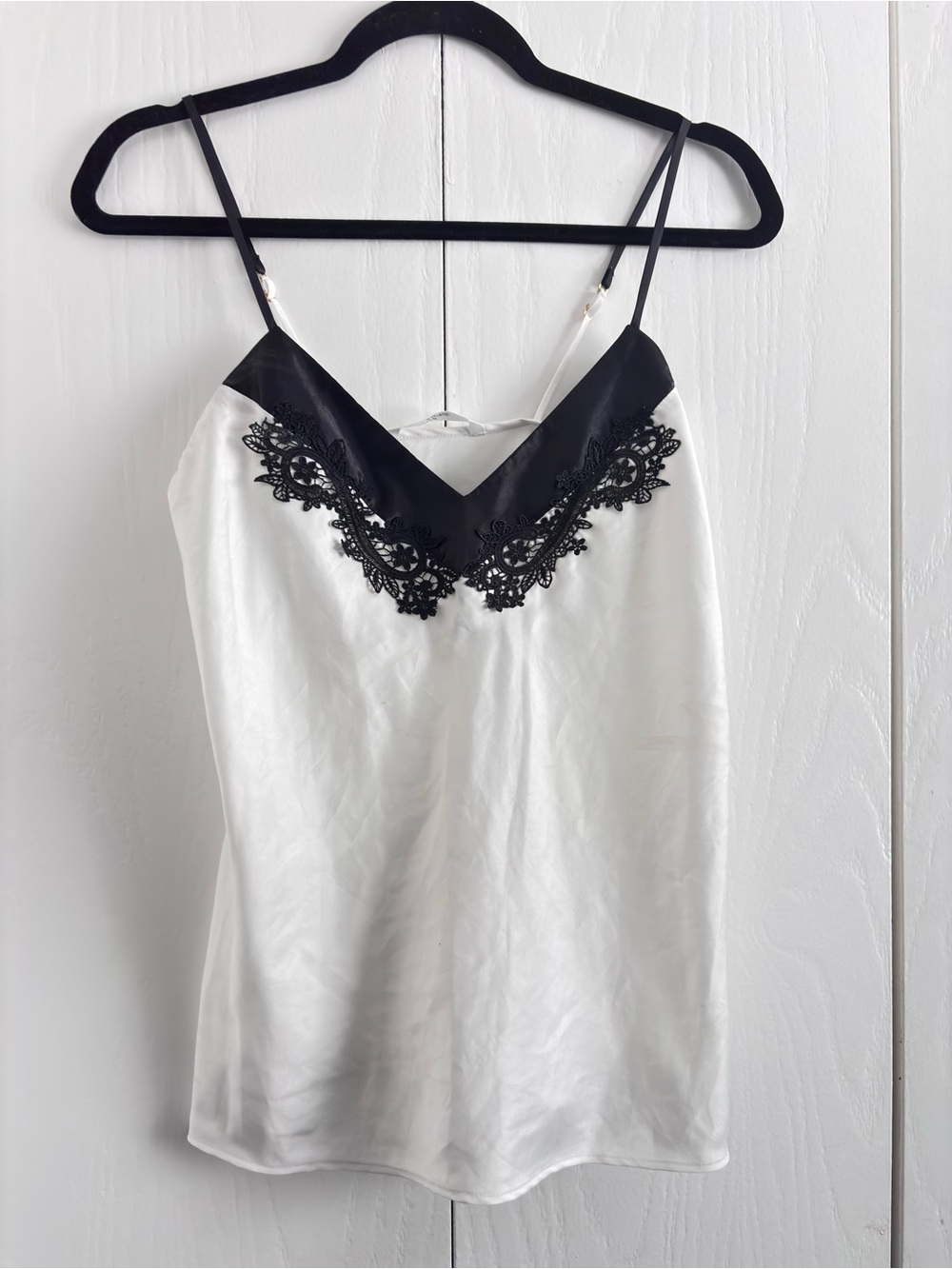 White Satin Camisole with Black Lace Trim